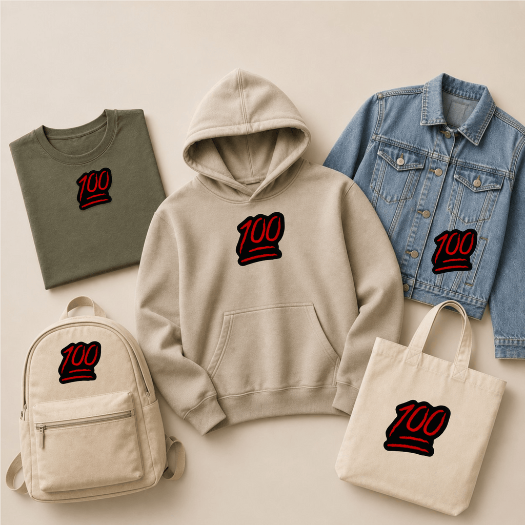 100 emoji embroidered patch displayed on a T-shirt, hoodie, denim jacket, backpack and tote bag, showcasing the iconic 100 symbol patch on everyday apparel and accessories.