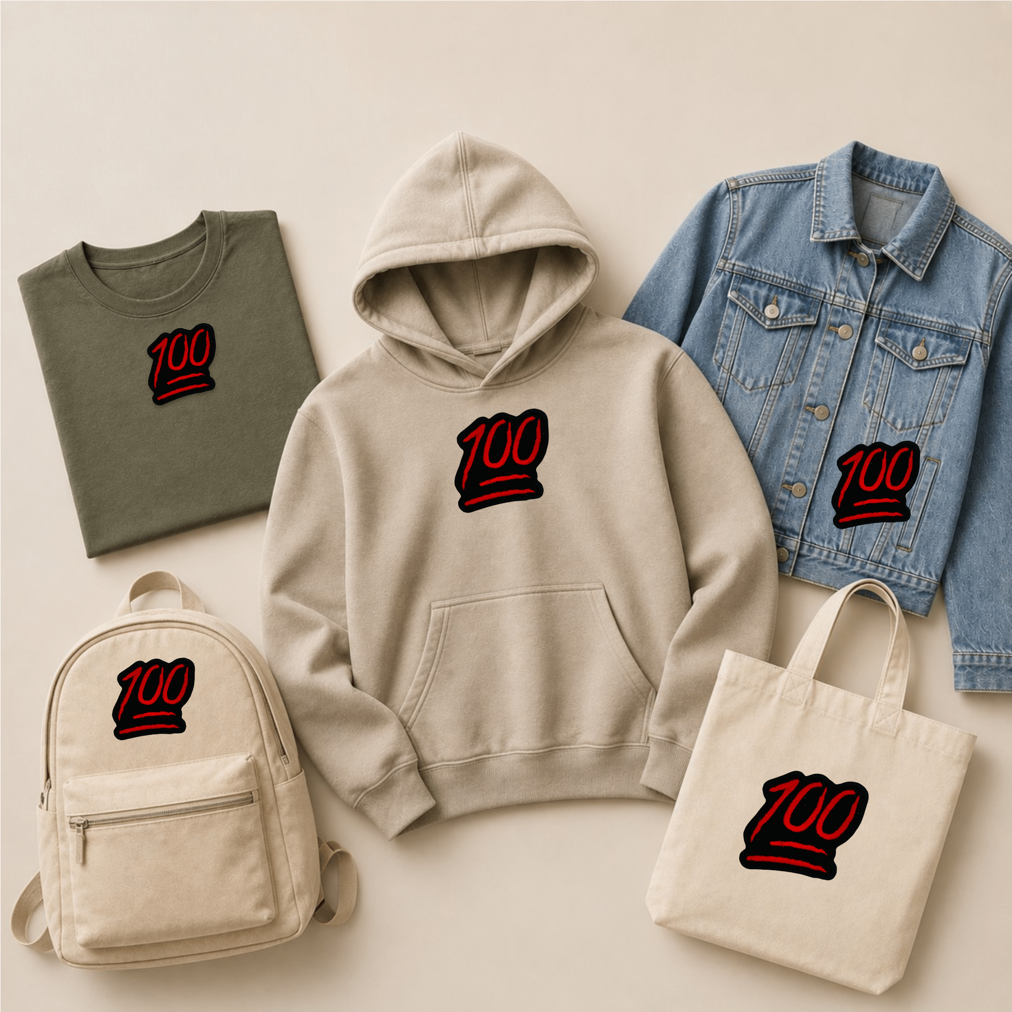 100 emoji embroidered patch displayed on a T-shirt, hoodie, denim jacket, backpack and tote bag, showcasing the iconic 100 symbol patch on everyday apparel and accessories.
