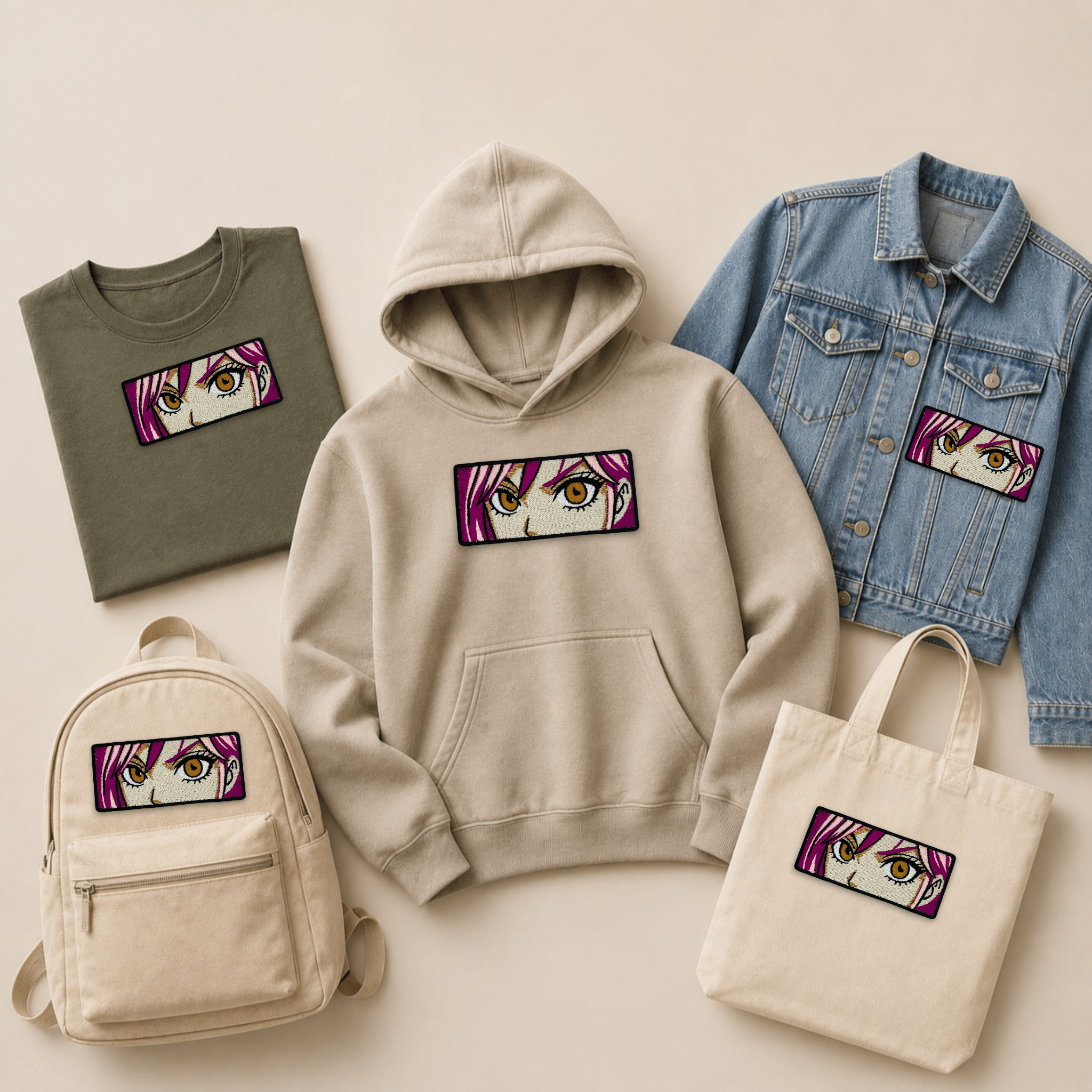 Anime eye embroidered patch displayed on a hoodie, T-shirt, denim jacket, backpack and tote bag, showing how custom embroidered patches can be applied to clothing and everyday accessories.