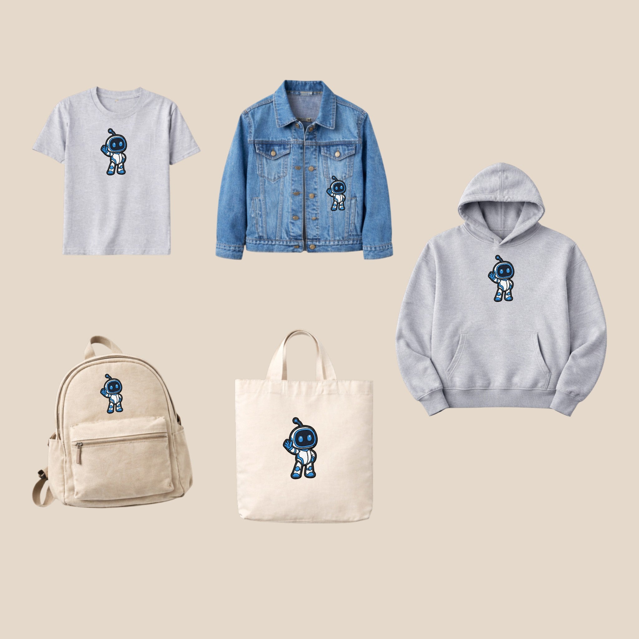 Astro Bot inspired embroidered patch displayed on a T-shirt, denim jacket, hoodie, backpack and tote bag, showcasing how a custom gaming patch can be applied to clothing and everyday accessories.