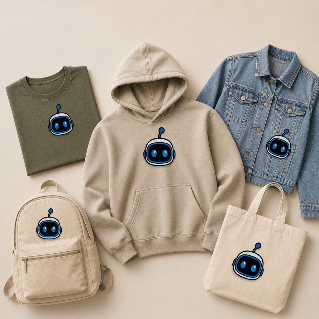 Astro Robot head embroidered patch displayed on a hoodie, T-shirt, denim jacket, backpack and tote bag, showcasing custom embroidered patches across a range of clothing and accessories.