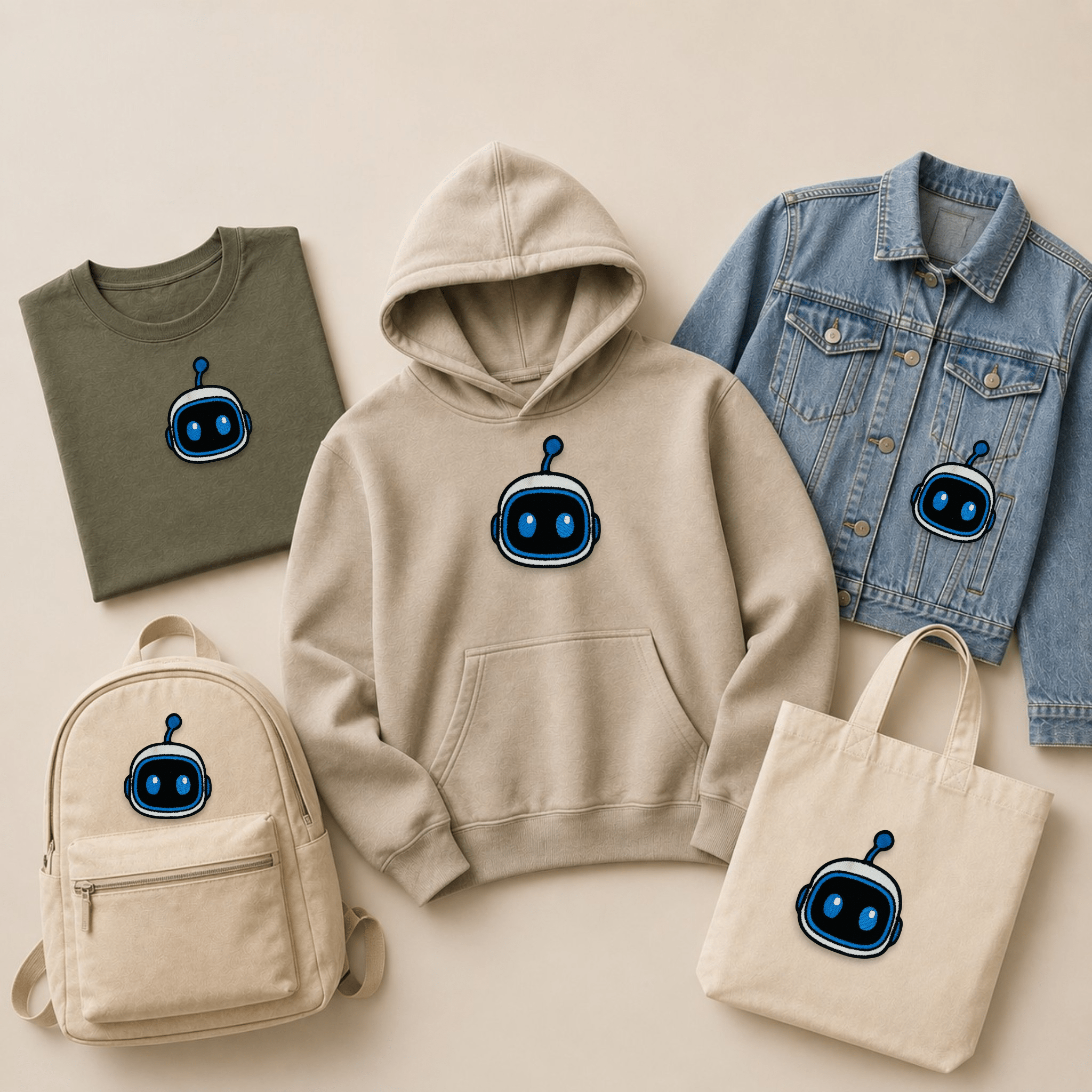 Astro Robot head embroidered patch displayed on a hoodie, T-shirt, denim jacket, backpack and tote bag, showcasing custom embroidered patches across a range of clothing and accessories.