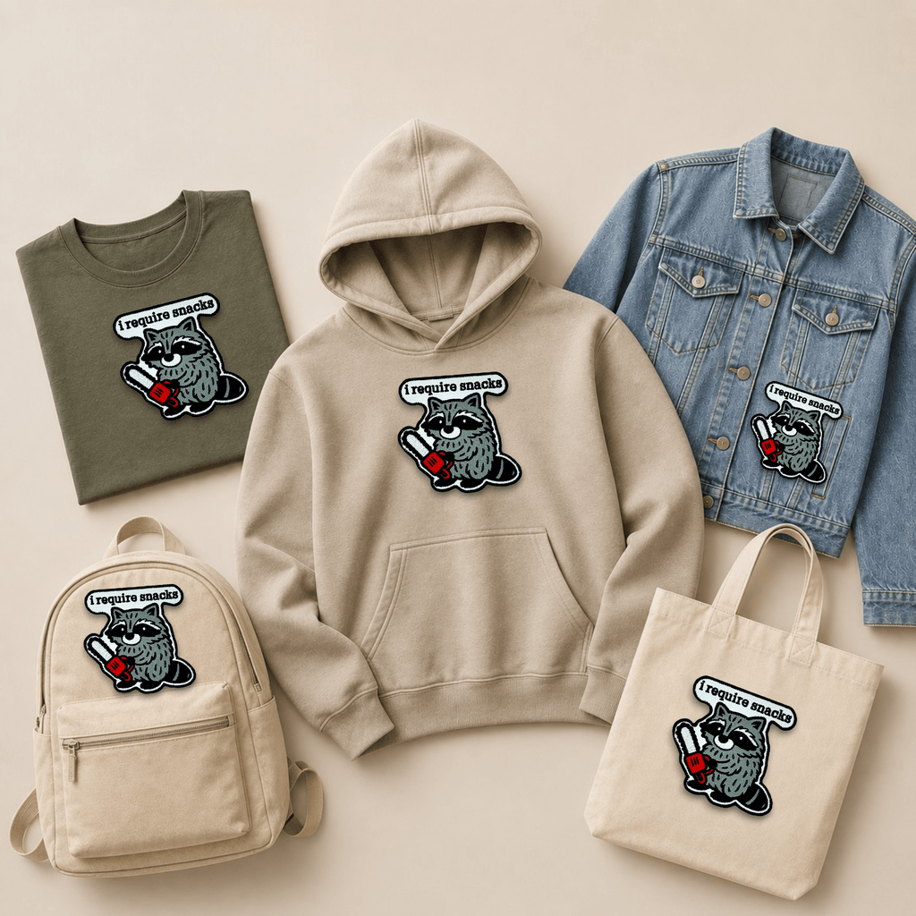 Custom embroidered raccoon patch displayed on a hoodie, T-shirt, denim jacket, backpack and tote bag, showcasing how embroidered patches can be applied across clothing and everyday accessories.