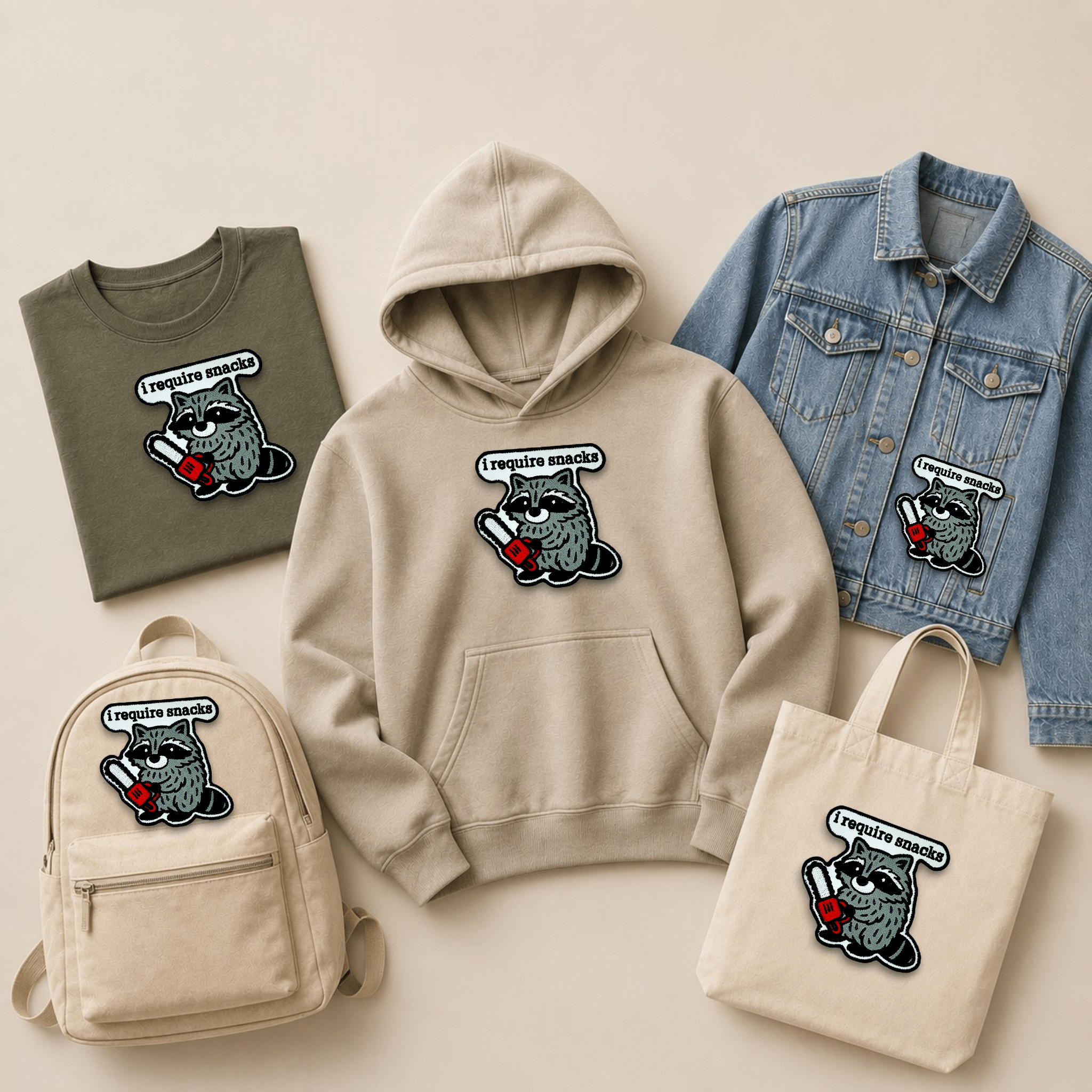 Custom embroidered raccoon patch displayed on a hoodie, T-shirt, denim jacket, backpack and tote bag, showcasing how embroidered patches can be applied across clothing and everyday accessories.