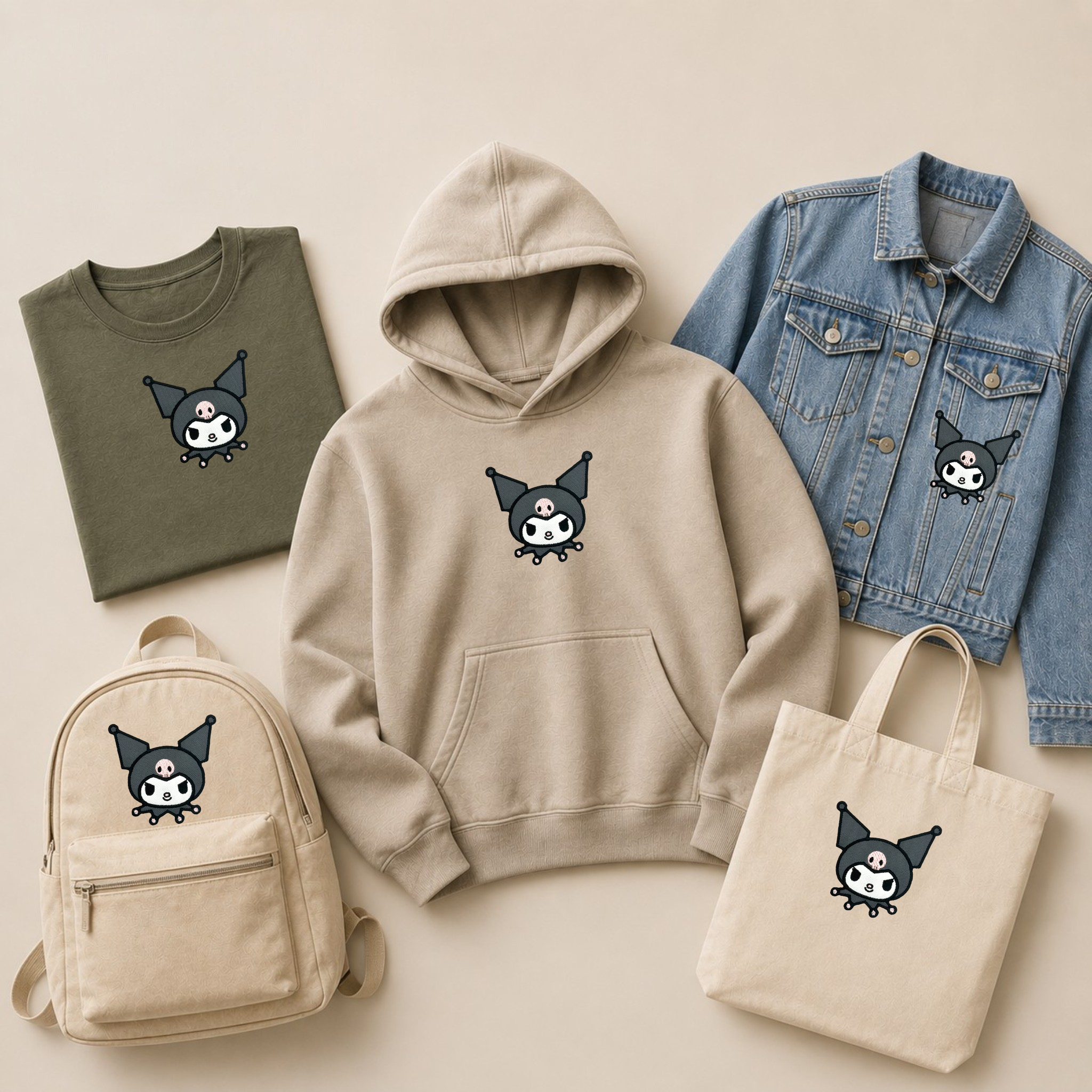 Kuromi inspired embroidered patch displayed on a hoodie, jacket, backpack, tote bag and t-shirt to showcase customisation ideas.