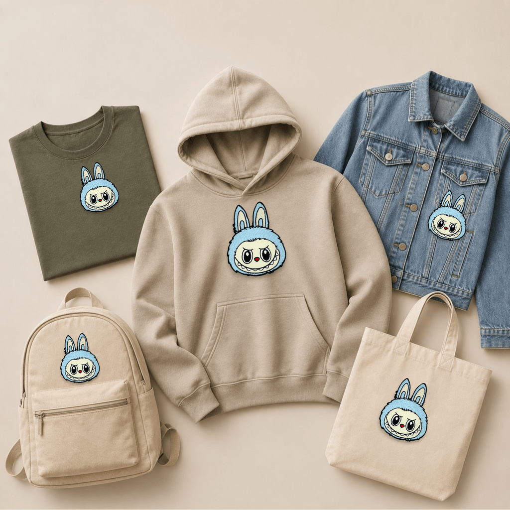 Blue Labubu inspired embroidered patch displayed on a T-shirt, hoodie, denim jacket, backpack and tote bag, showcasing the blue colour variant of the popular cute monster bunny character patch on everyday apparel and accessories.