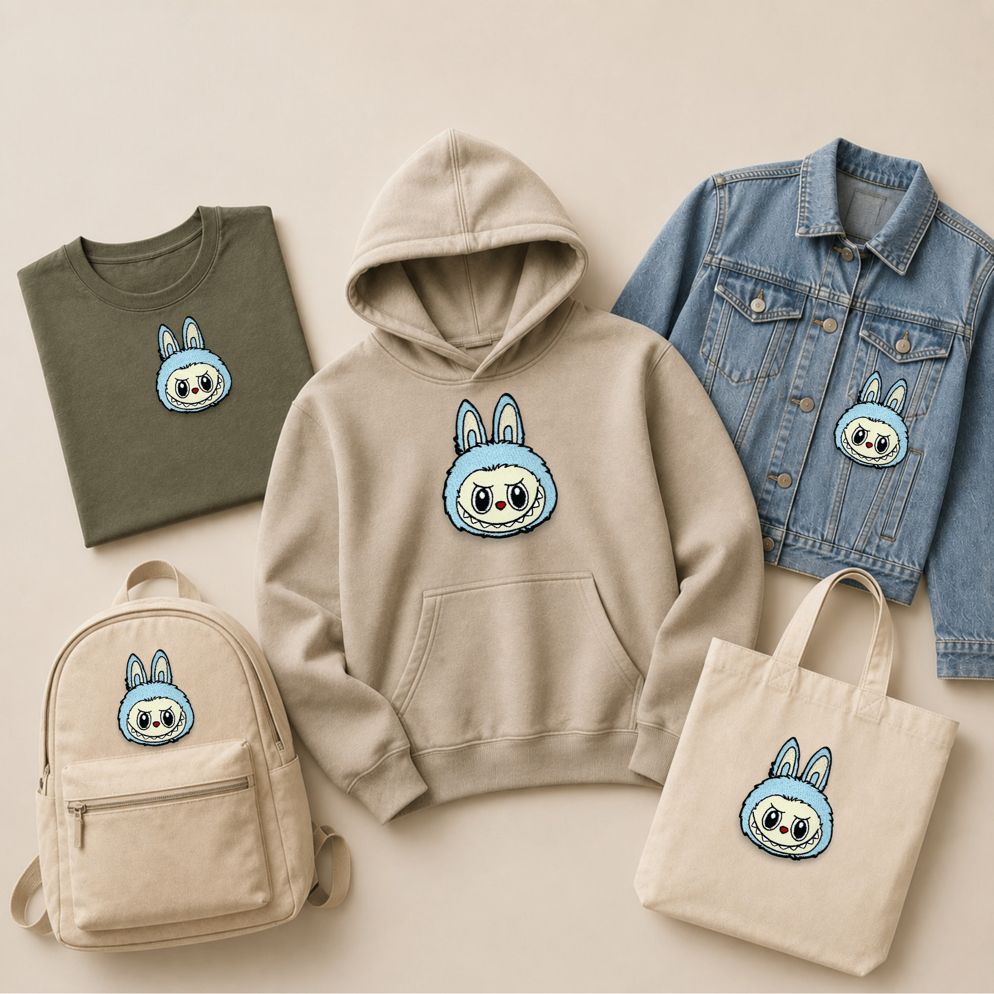 Blue Labubu inspired embroidered patch displayed on a T-shirt, hoodie, denim jacket, backpack and tote bag, showcasing the blue colour variant of the popular cute monster bunny character patch on everyday apparel and accessories.