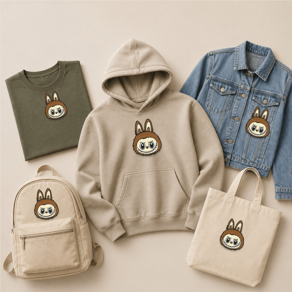 brown Labubu inspired embroidered patch displayed on a T-shirt, hoodie, denim jacket, backpack and tote bag, showcasing the blue colour variant of the popular cute monster bunny character patch on everyday apparel and accessories.