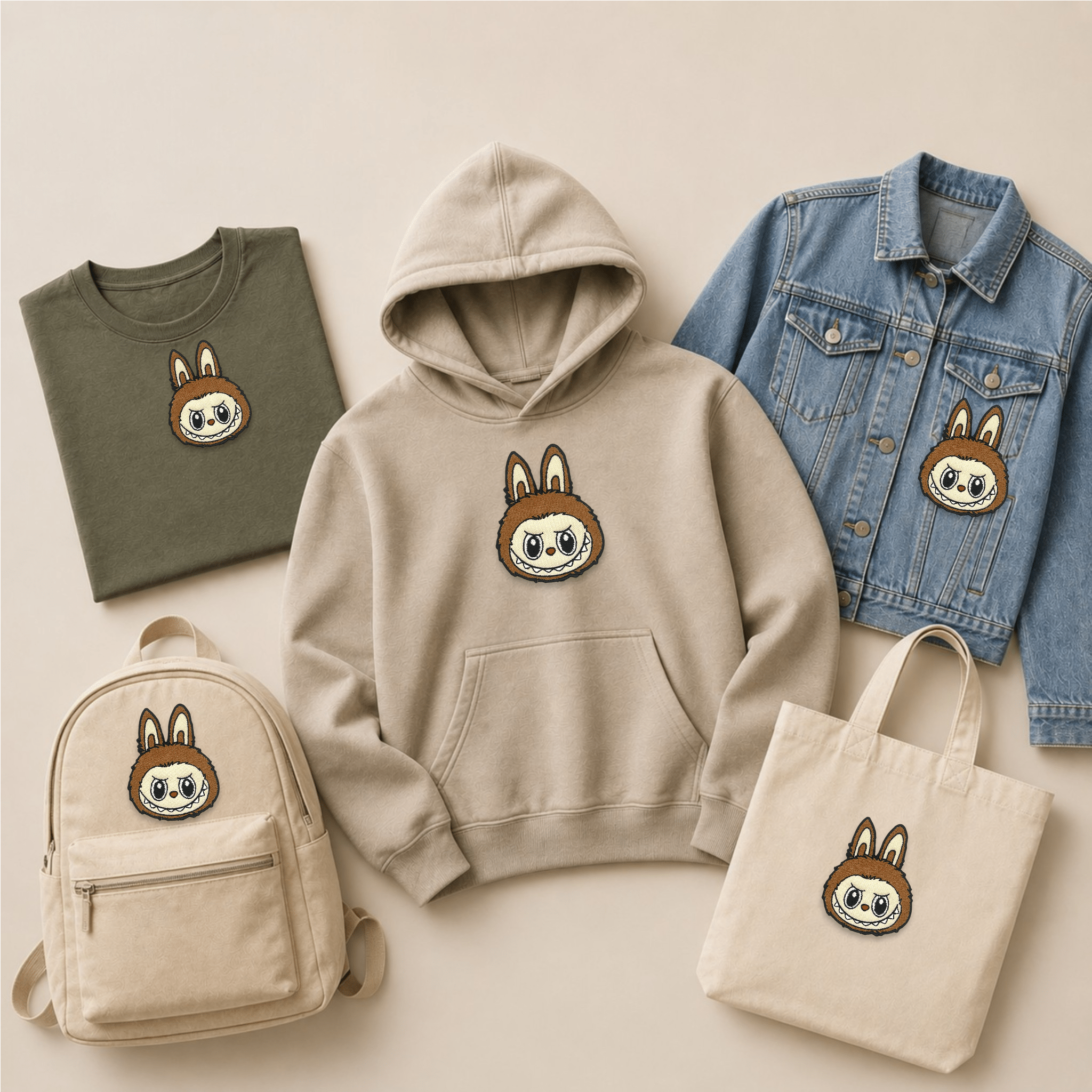 brown Labubu inspired embroidered patch displayed on a T-shirt, hoodie, denim jacket, backpack and tote bag, showcasing the blue colour variant of the popular cute monster bunny character patch on everyday apparel and accessories.