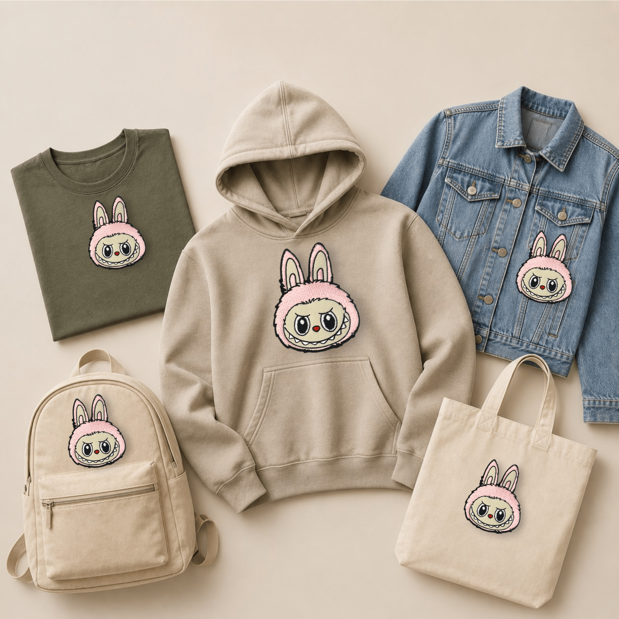 pink Labubu inspired embroidered patch displayed on a T-shirt, hoodie, denim jacket, backpack and tote bag, showcasing the blue colour variant of the popular cute monster bunny character patch on everyday apparel and accessories.