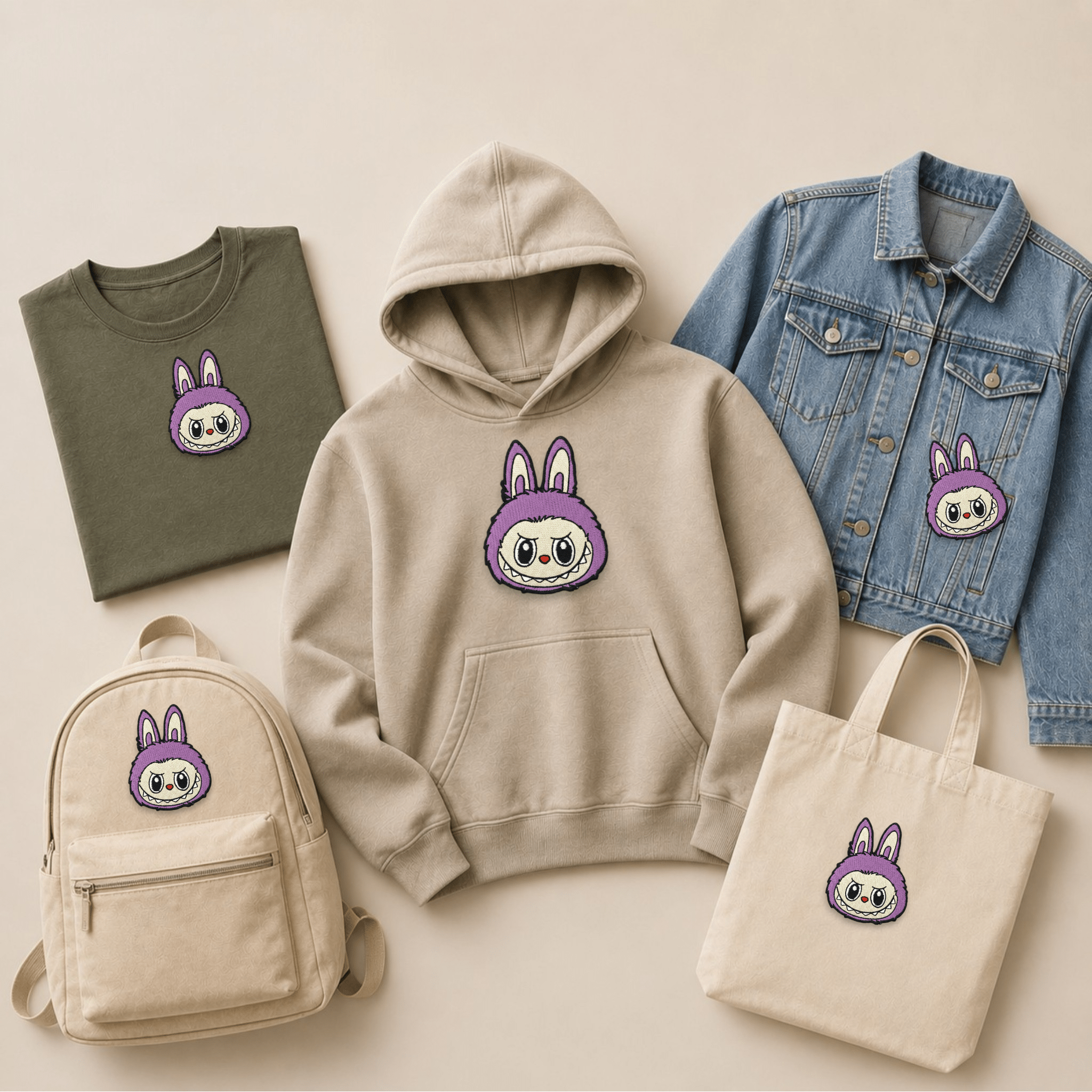 purple Labubu inspired embroidered patch displayed on a T-shirt, hoodie, denim jacket, backpack and tote bag, showcasing the blue colour variant of the popular cute monster bunny character patch on everyday apparel and accessories.