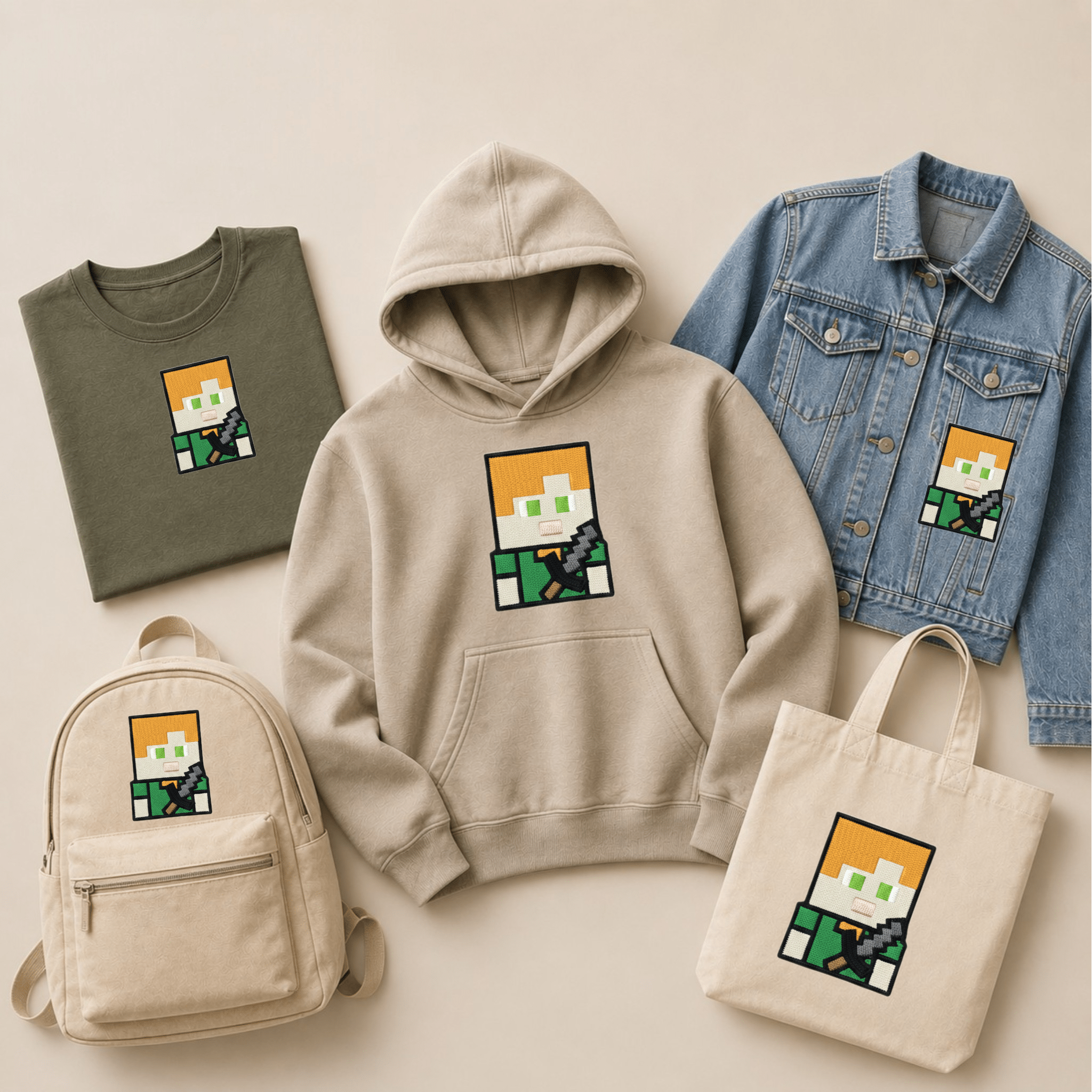 Minecraft Alex inspired embroidered patch displayed on a hoodie, jacket, backpack, tote bag and t-shirt to showcase customisation ideas.