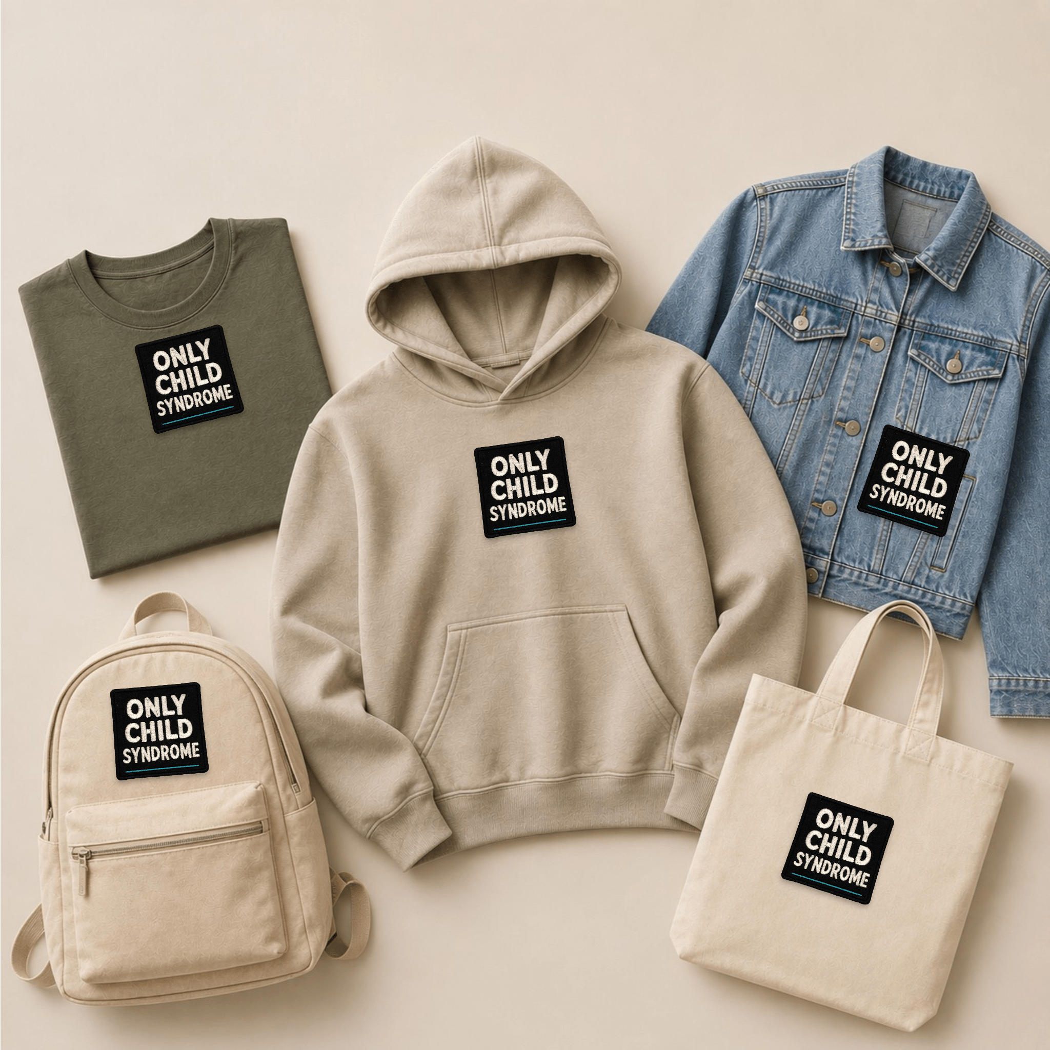 Only Child Syndrome embroidered patch displayed on a T-shirt, hoodie, denim jacket, backpack and tote bag, showcasing the bold text patch on a range of everyday apparel and accessories.