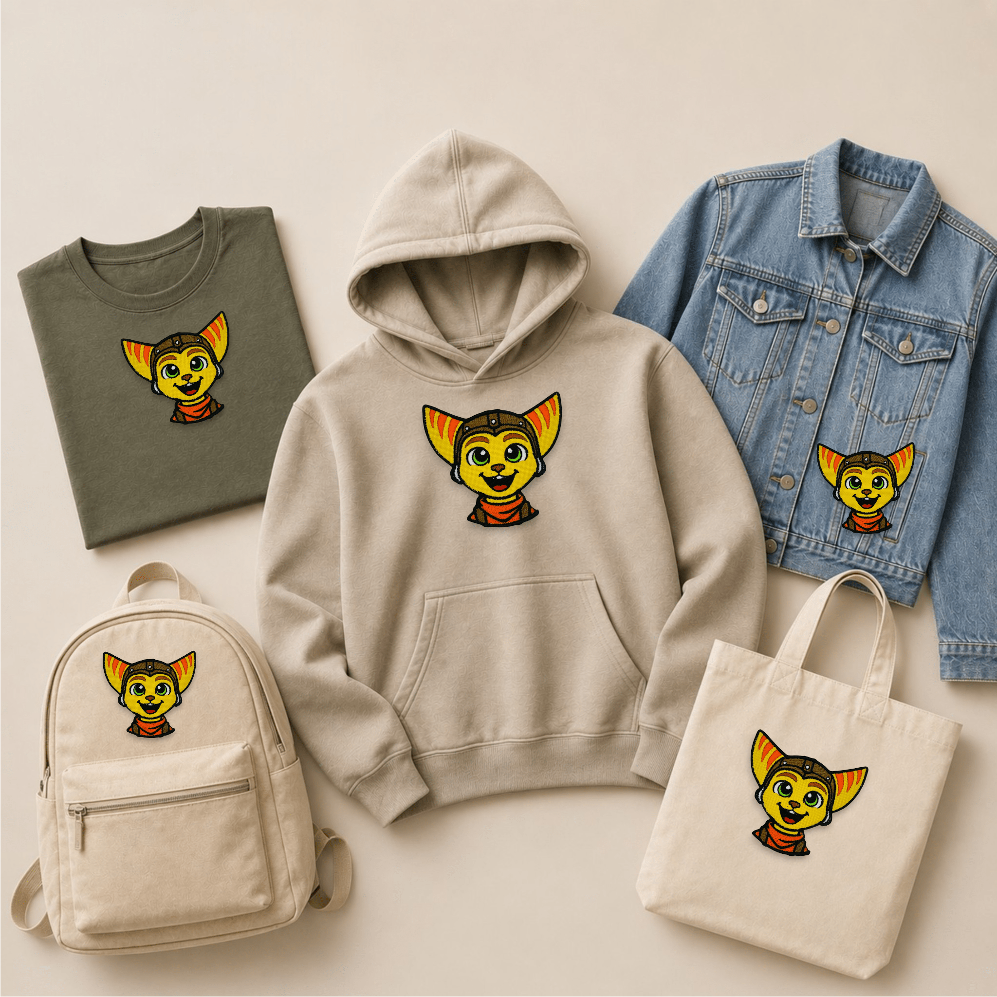 Ratchet and Clank inspired embroidered patch displayed on a T-shirt, hoodie, denim jacket, backpack and tote bag, showcasing the iconic Lombax character patch on everyday apparel and gaming accessories.