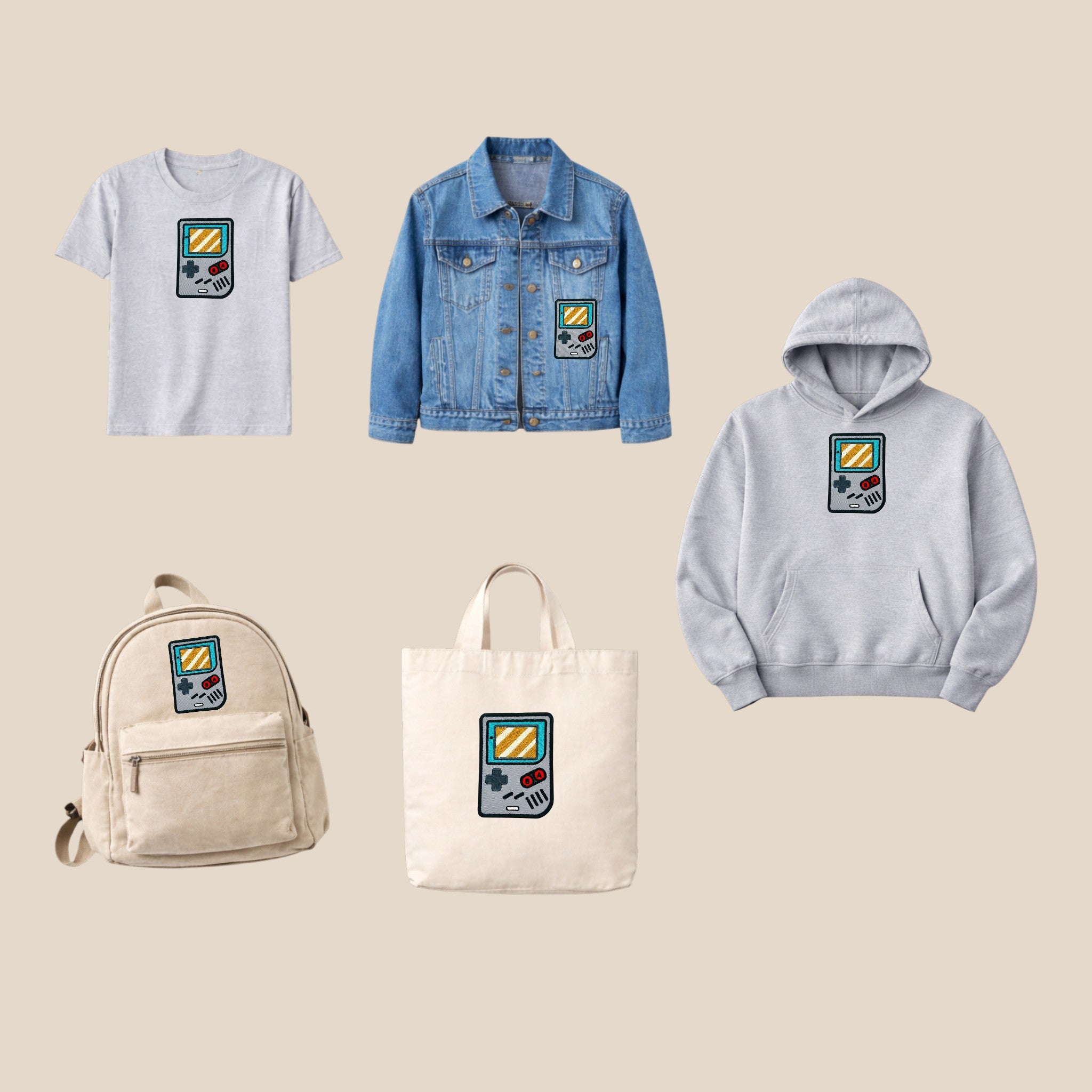 Retro game console embroidered patch displayed on a T-shirt, denim jacket, hoodie, backpack and tote bag, showcasing a custom gaming patch on clothing and everyday accessories.