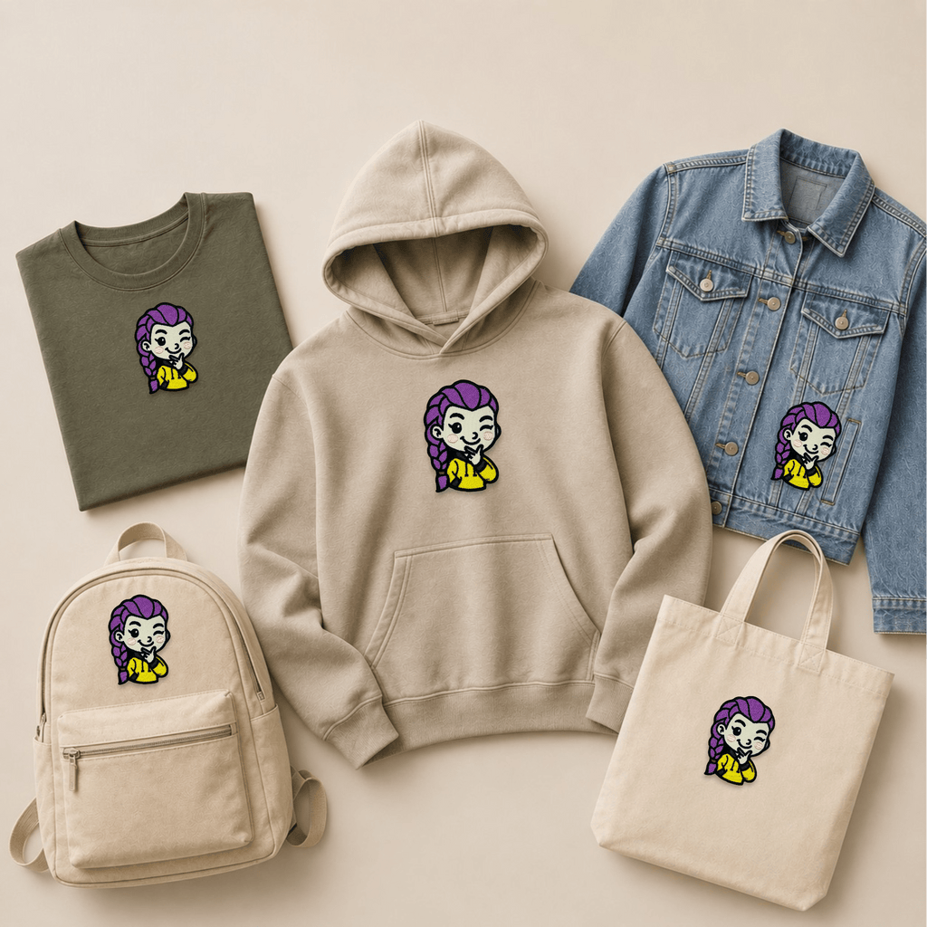 Rumi K-pop inspired embroidered patch featuring a cute winking character with purple braided hair and a yellow hoodie, finished with detailed stitching and a black embroidered border.