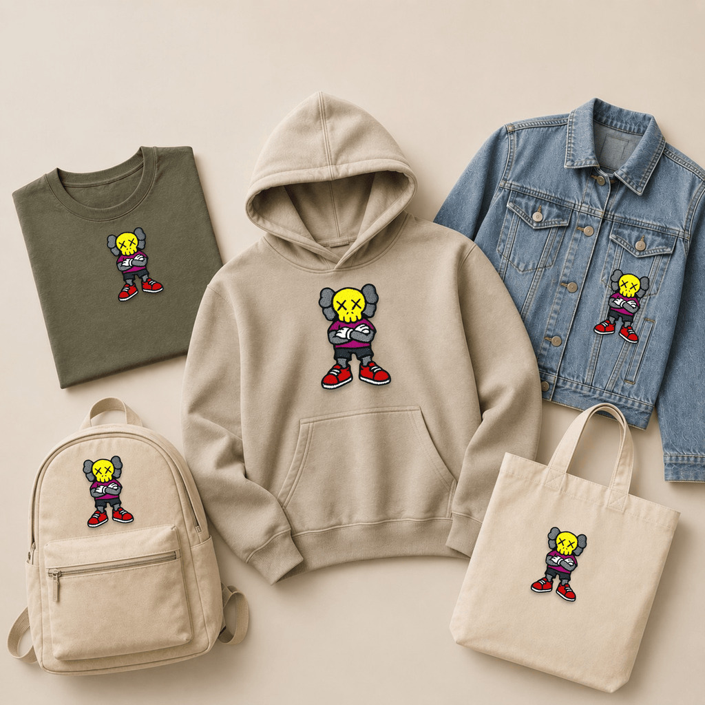 Street art bear embroidered patch with crossed-out eyes displayed on a T-shirt, hoodie, denim jacket, backpack and tote bag, showing how a graffiti-inspired character patch looks on apparel and accessories.