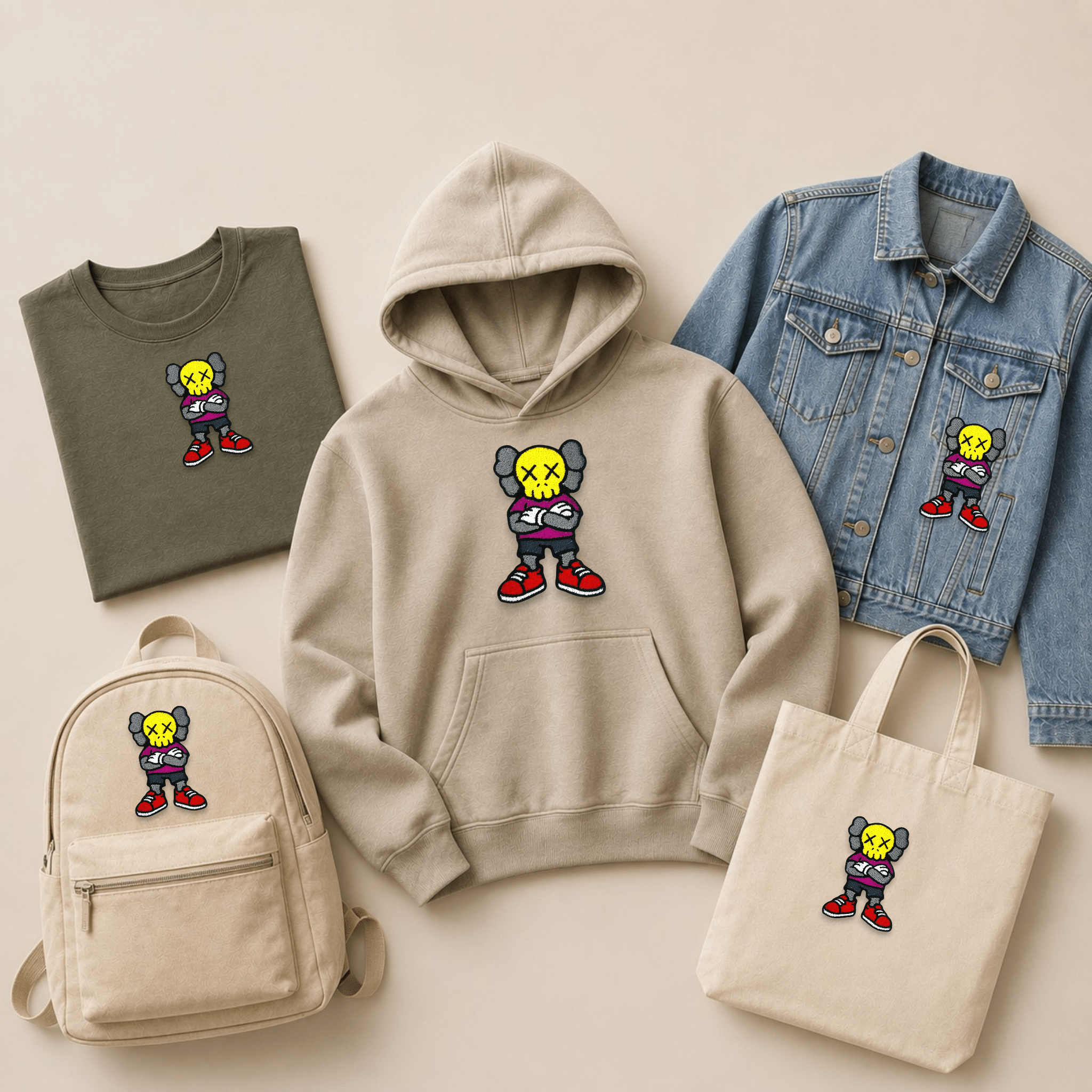 Street art bear embroidered patch with crossed-out eyes displayed on a T-shirt, hoodie, denim jacket, backpack and tote bag, showing how a graffiti-inspired character patch looks on apparel and accessories.