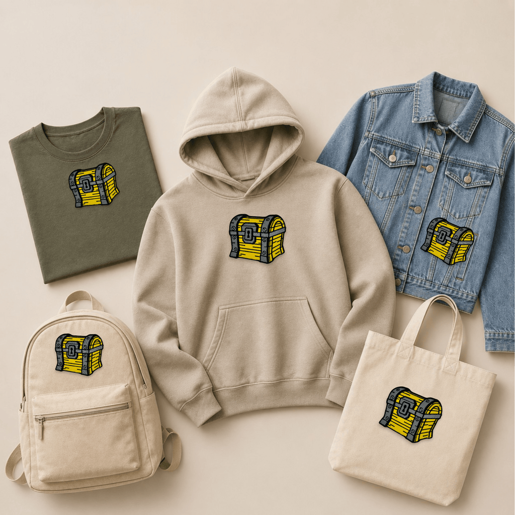 Treasure chest embroidered patch displayed on a hoodie, T-shirt, denim jacket, backpack and tote bag, showcasing custom embroidered patches across a range of clothing and everyday accessories.