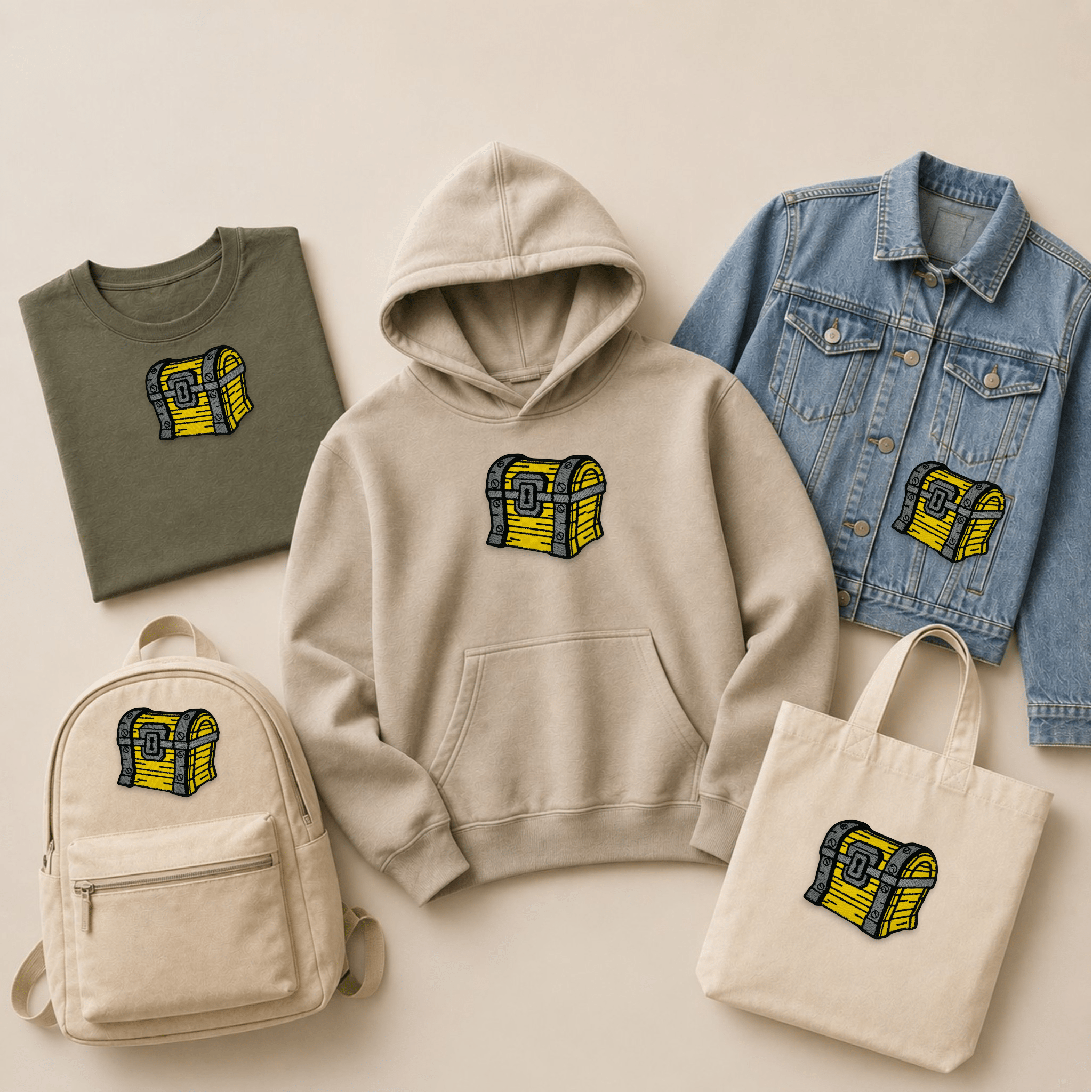 Treasure chest embroidered patch displayed on a hoodie, T-shirt, denim jacket, backpack and tote bag, showcasing custom embroidered patches across a range of clothing and everyday accessories.